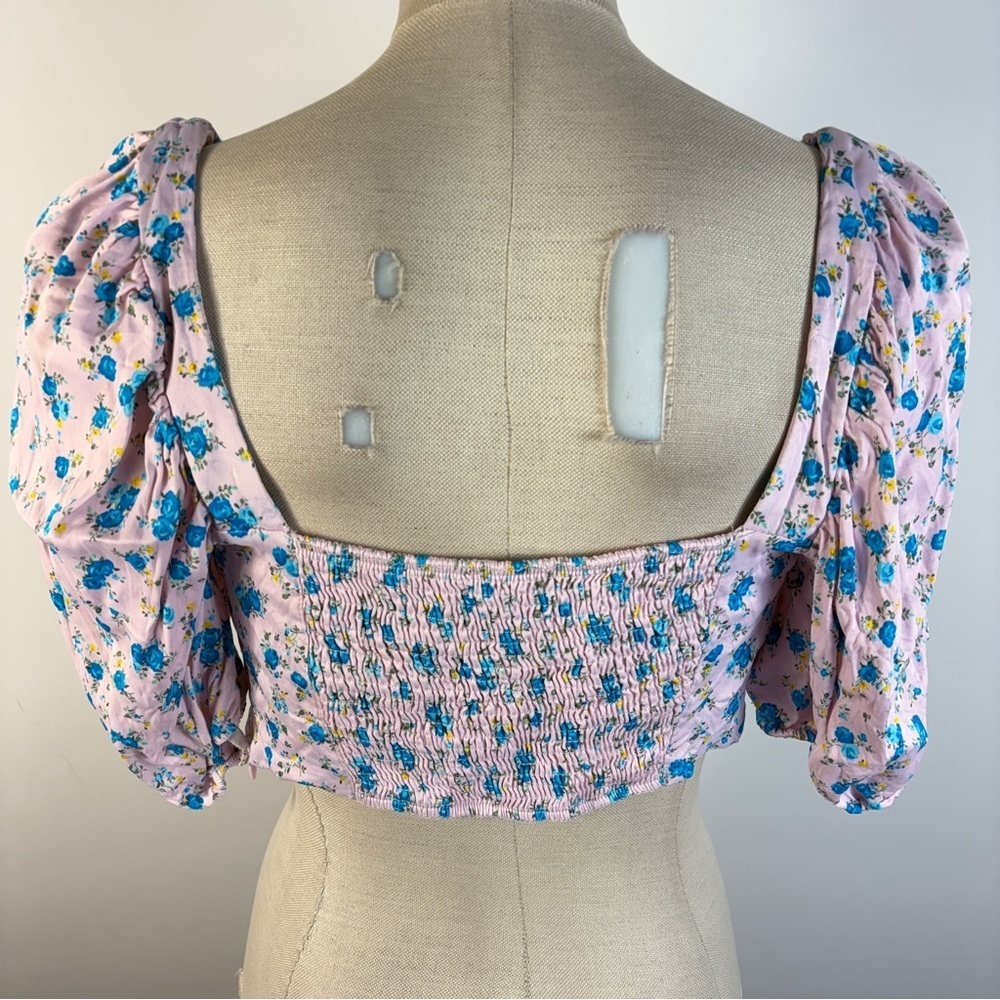 Zara Pink Blue Floral Print Corset Bustier Crop Top Puff Sleeves L - Picture 3 of 9
